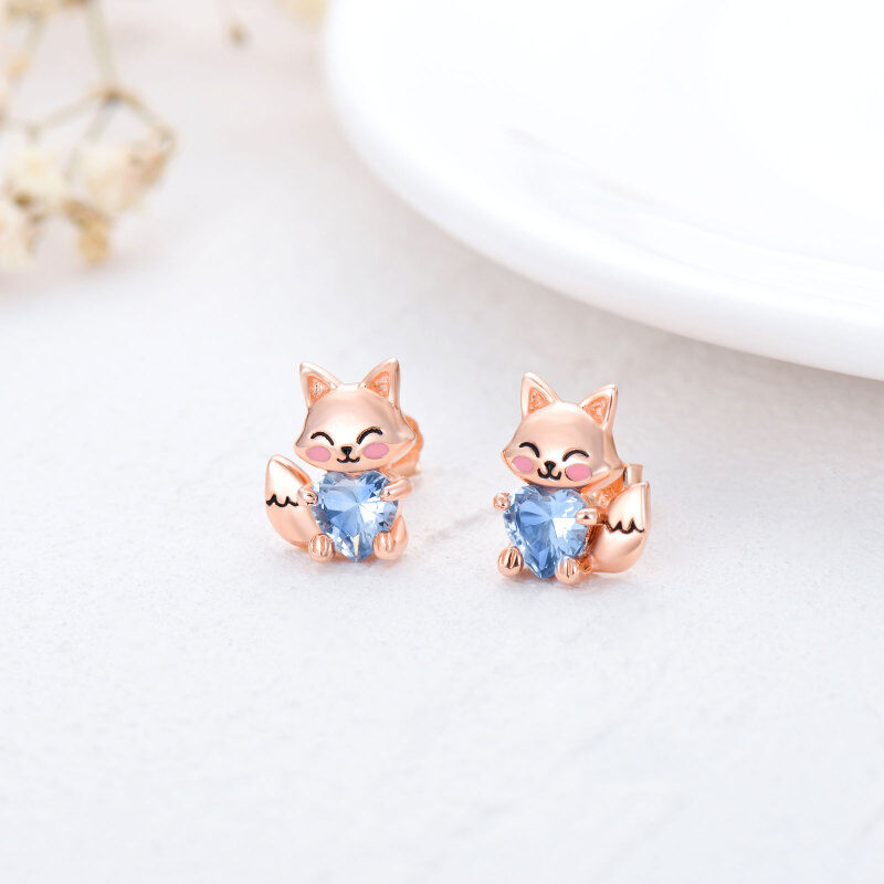Sterling Silver with Rose Gold Plated Heart Shaped Cubic Zirconia Fox Stud Earrings-4