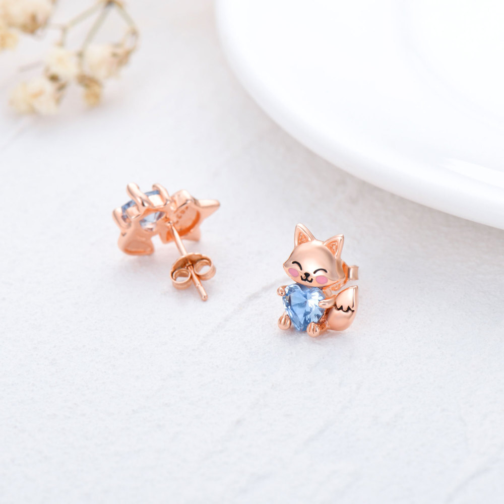 Sterling Silver with Rose Gold Plated Heart Shaped Cubic Zirconia Fox Stud Earrings-5