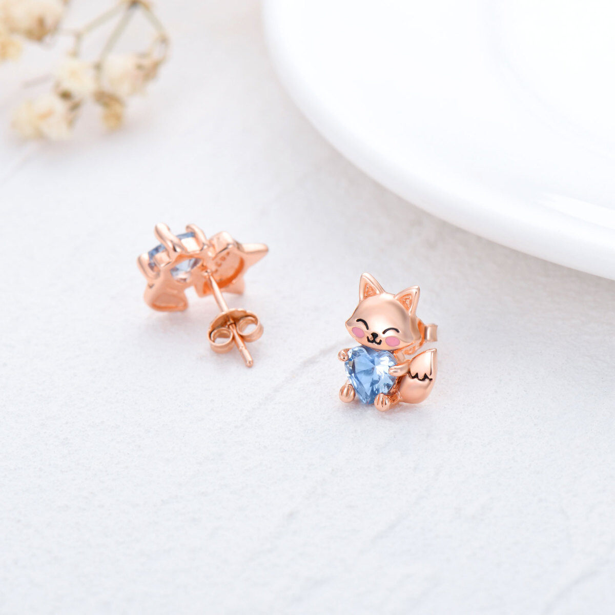 Sterling zilver met roségoud vergulde hartvormige cubic zirconia vos oorbellen-5