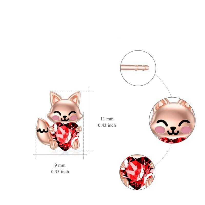 Sterling Silver with Rose Gold Plated Heart Shaped Cubic Zirconia Fox Stud Earrings-6