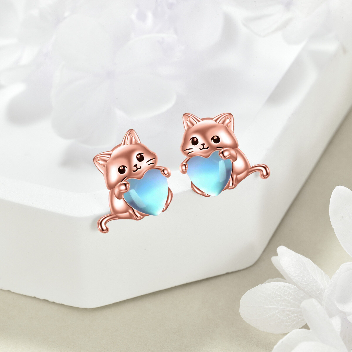 Sterling Silver with Rose Gold Plated Heart Shaped Moonstone Cat Stud Earrings-3