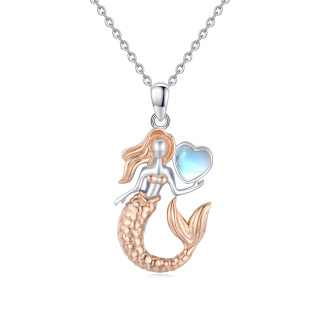 Sterling Silver with Rose Gold Plated Heart Shaped Moonstone Mermaid Tail Pendant Necklace-2