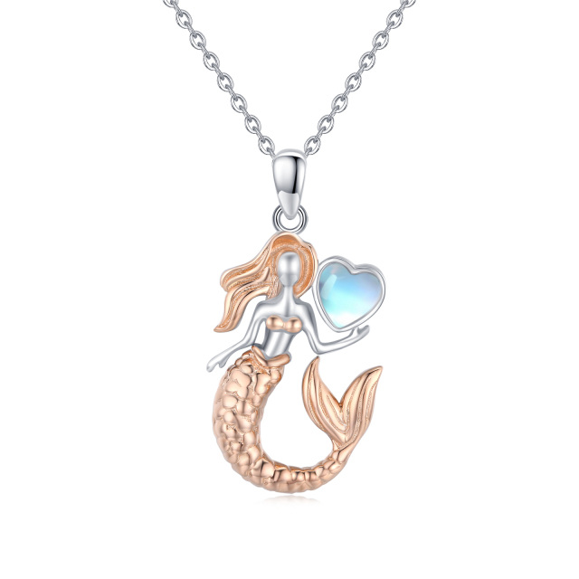 Sterling Silver with Rose Gold Plated Heart Shaped Moonstone Mermaid Tail Pendant Necklace