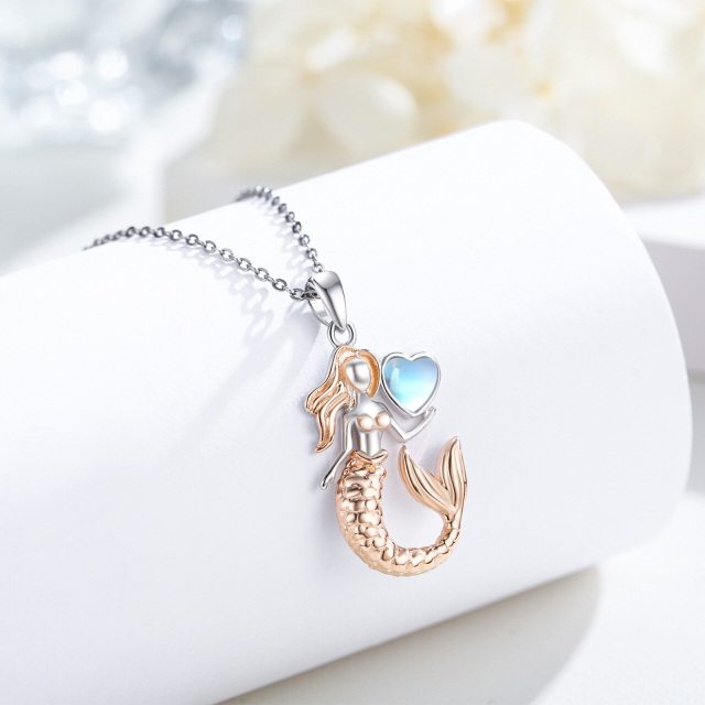 Sterling Silver with Rose Gold Plated Heart Shaped Moonstone Mermaid Tail Pendant Necklace-3