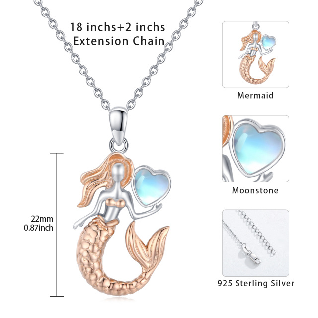 Sterling Silver with Rose Gold Plated Heart Shaped Moonstone Mermaid Tail Pendant Necklace-4