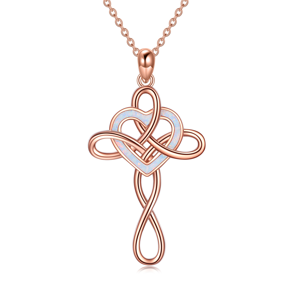 Sterling Silver with Rose Gold Plated Heart Shaped Opal Celtic Knot & Cross Pendant Necklace-1