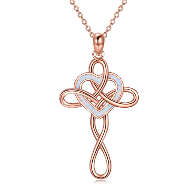 Sterling Silver with Rose Gold Plated Heart Shaped Opal Celtic Knot & Cross Pendant Necklace-1