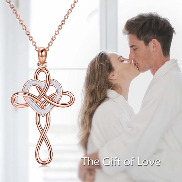 Sterling Silver with Rose Gold Plated Heart Shaped Opal Celtic Knot & Cross Pendant Necklace-6