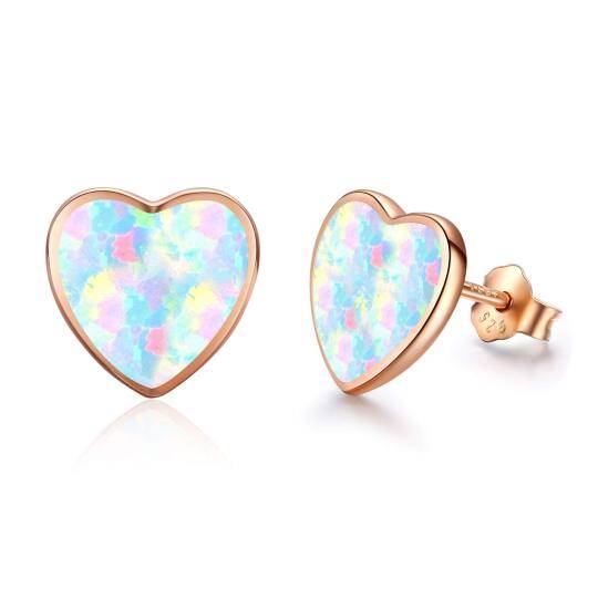 Sterling Silver with Rose Gold Plated Heart Shaped Opal Heart Stud Earrings