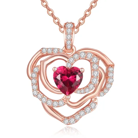 Sterling Silver with Rose Gold Plated Heart Shaped Cubic Zirconia Rose & Heart Pendant Necklace