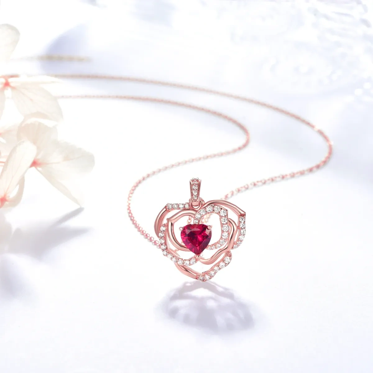 Sterlingsilber mit rosévergoldetem Herz-Zirkonia-Rosen-Anhänger-Halskette für Damen-4