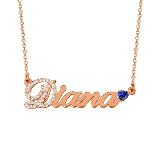 Collana con ciondolo con nome classico e pietra portafortuna personalizzata in argento sterling placcato oro rosa a forma di cuore con zirconi cubici per donna