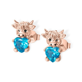 Sterling Silver with Rose Gold Plated Heart Shaped Cubic Zirconia & Personalized Birthstone Highland Cow Stud Earrings-22