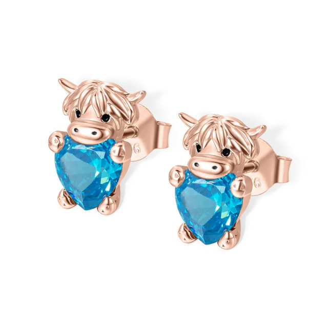 Sterling Silver with Rose Gold Plated Heart Shaped Cubic Zirconia & Personalized Birthstone Highland Cow Stud Earrings-1