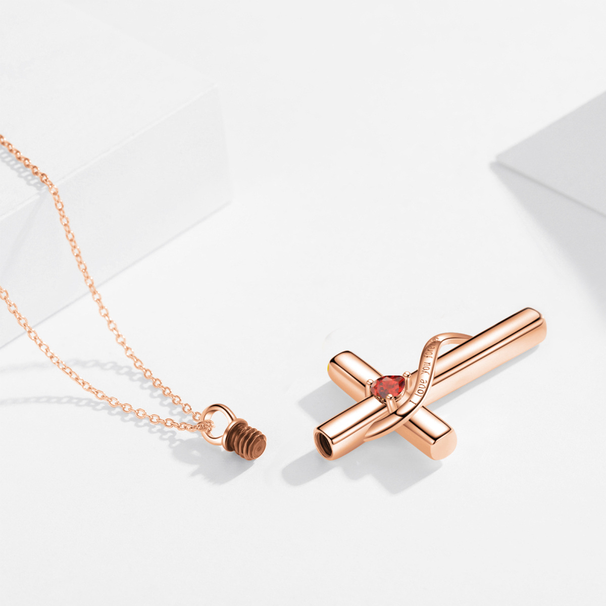 Sterling Silver With Rose Gold Plated Heart Zircon Cross Urn Necklace For Ashes With Engraved Word-3