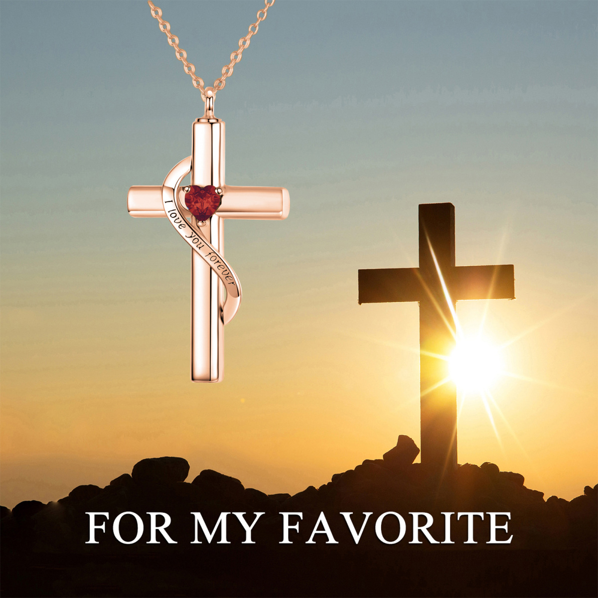 Sterling Silver With Rose Gold Plated Heart Zircon Cross Urn Necklace For Ashes With Engraved Word-5