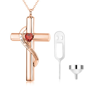 Sterling Silver With Rose Gold Plated Heart Zircon Cross Urn Necklace For Ashes With Engraved Word-11