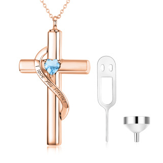 Sterling Silver With Rose Gold Plated Heart Zircon Cross Urn Necklace For Ashes With Engraved Word-12