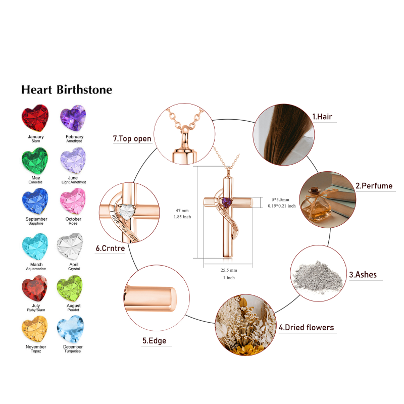 10K Rose Gold Chain & Sterling Silver Cross Urn Necklace for Ashes Personalized Heart Birthstone Cremation Jewelry-3