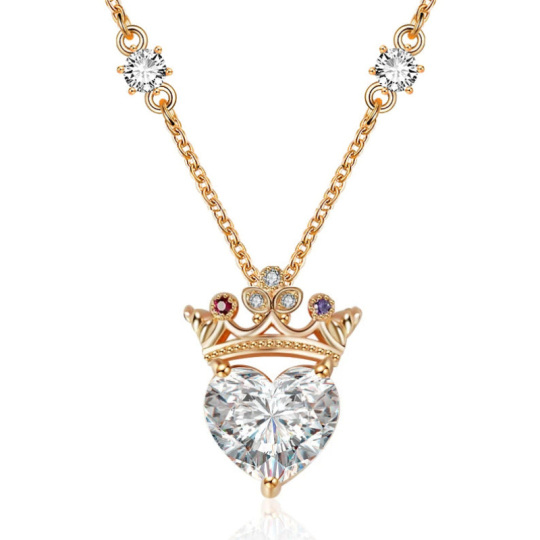 Plata de ley con baño de oro rosa Corazón Circón Corona y Corazón Colgante Collar