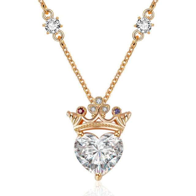 Sterling Silver with Rose Gold Plated Heart Zircon Crown & Heart Pendant Necklace-3