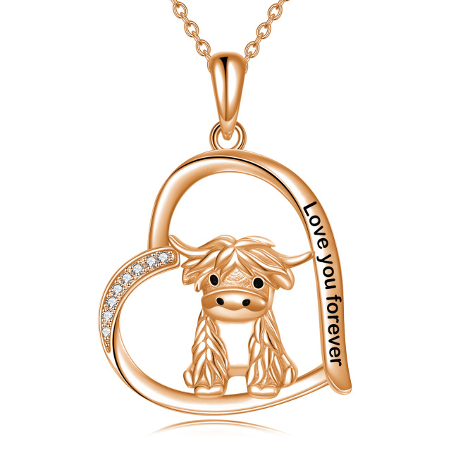 Colar com pingente de vaca Highland banhado a ouro rosa, prata esterlina, te amo para sempre para a mãe