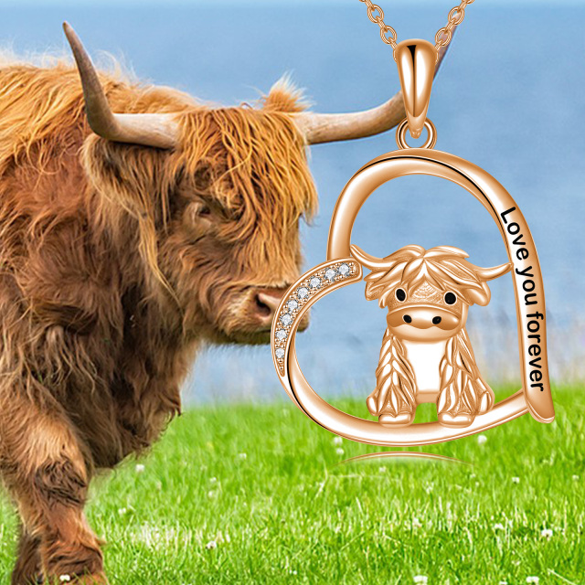 Collier en argent sterling et plaqué or rose avec pendentif Highland Cow & Heart et mot gr-4