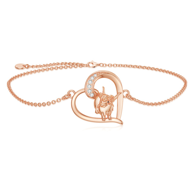 Sterling Silver with Rose Gold Plated Highland Cow & Heart Single Layer Anklet-1