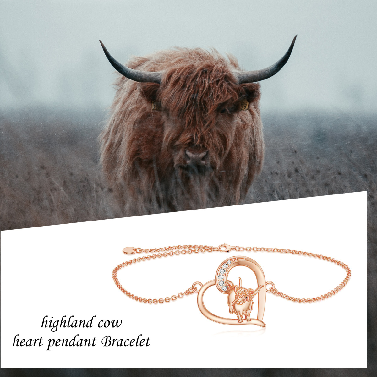 Bracelet de cheville en argent sterling avec plaqué or rose Highland Cow & Heart à une cou-4