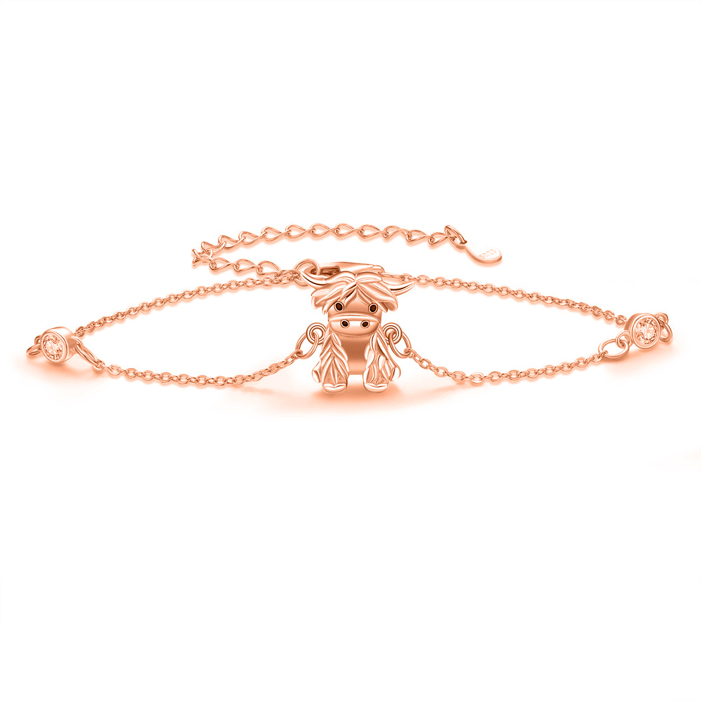 Sterling Silver with Rose Gold Plated Cubic Zirconia Highland Cow Pendant Bracelet-1