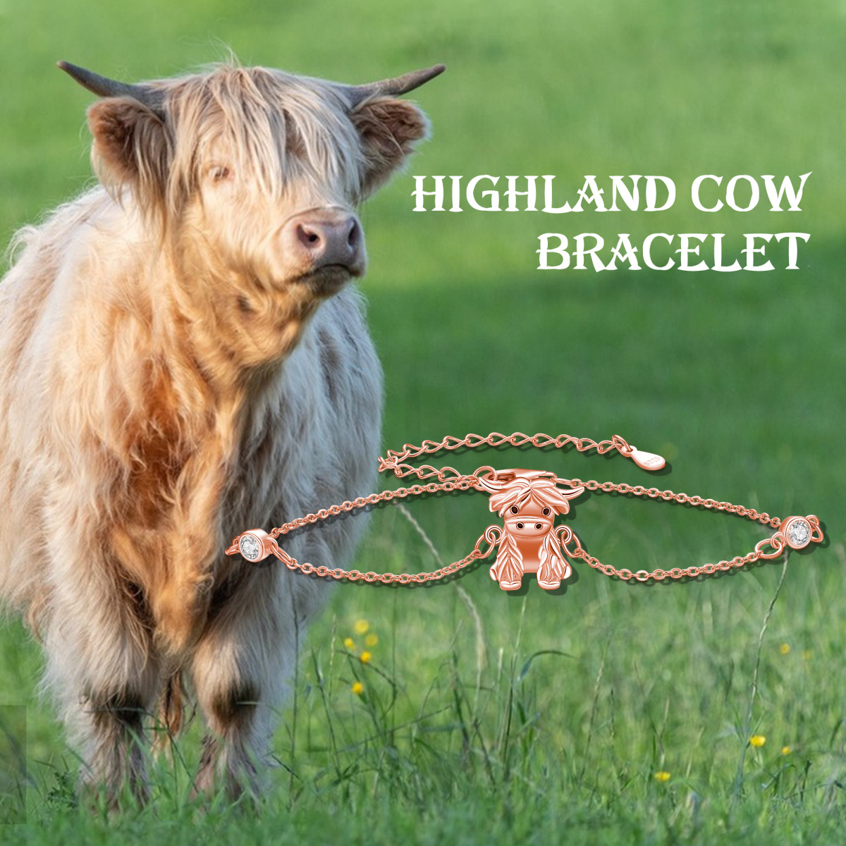 Sterling Silber mit Rose vergoldet Cubic Zirkonia Highland Cow Anhänger Armband-3