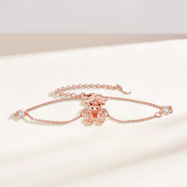 Pulsera de plata de ley con circonita cúbica chapada en oro rosa Colgante Vaca de las Tier-4