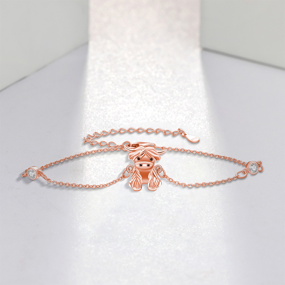 Sterling Silver with Rose Gold Plated Cubic Zirconia Highland Cow Charm Bracelet-5