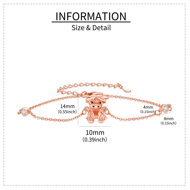 Sterling Silver with Rose Gold Plated Cubic Zirconia Highland Cow Charm Bracelet-6