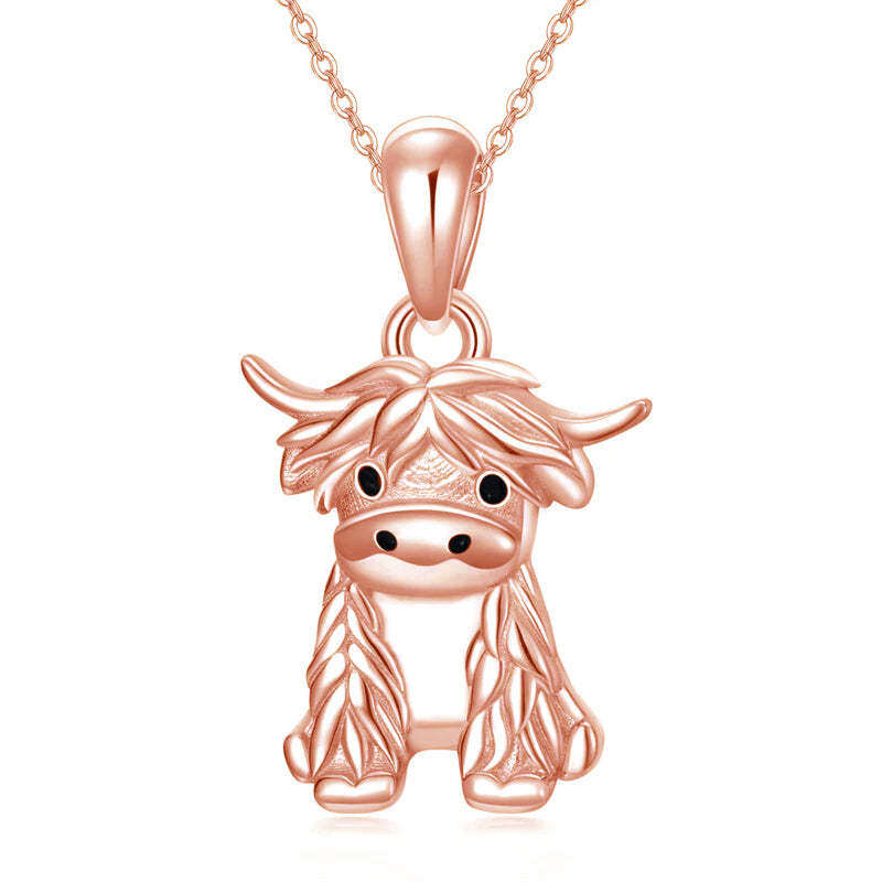 Sterling Silber mit Rose Gold plattiert Highland Cow Anhänger Halskette mit Kabelkette-1