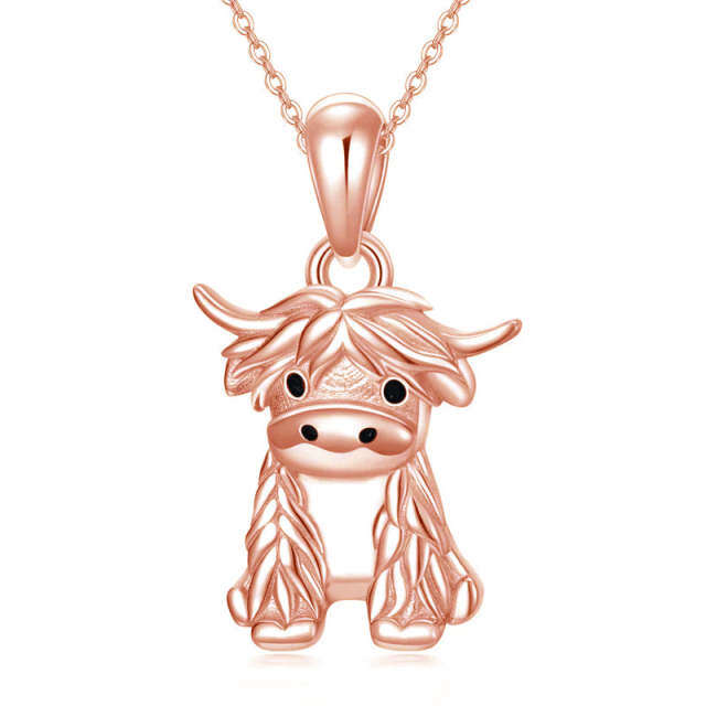 Sterling Silver with Rose Gold Plated Highland Cow Pendant Necklace with Cable Chain-1