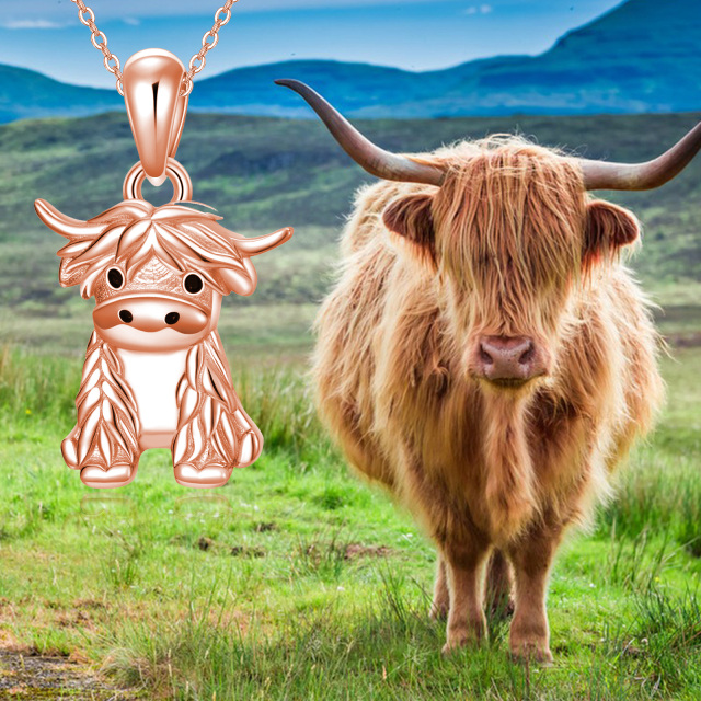 Sterling Silber mit Rose Gold plattiert Highland Cow Anhänger Halskette mit Kabelkette-3