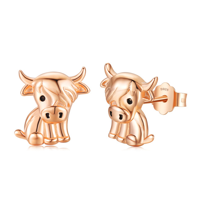 Sterling Silver with Rose Gold Plated Highland Cow Stud Earrings-1