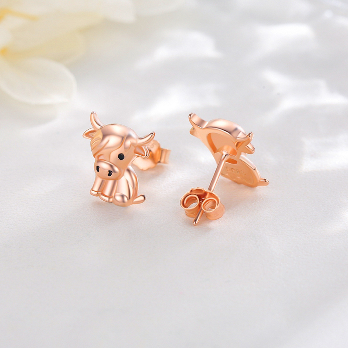 Sterling Silver with Rose Gold Plated Highland Cow Stud Earrings-4