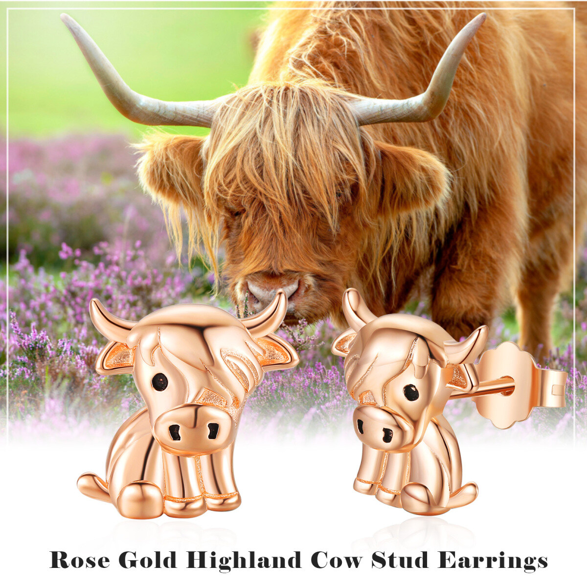 Sterling Silver with Rose Gold Plated Highland Cow Stud Earrings-5