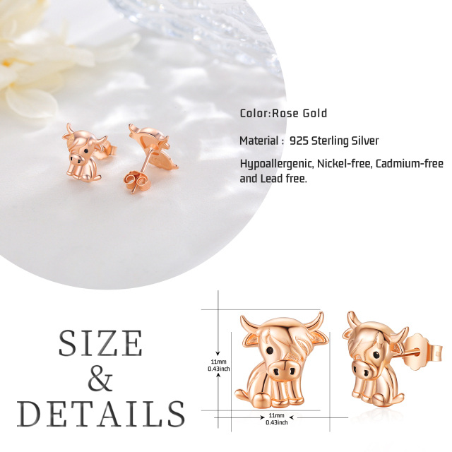 Sterling Zilver met Rose Goud Vergulde Highland Koe Stud Oorbellen-6