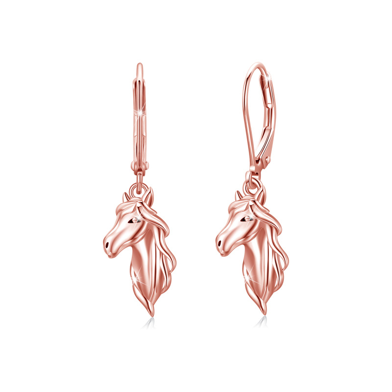 Sterling Silver with Rose Gold Plated Horse Lever-back Earrings-6