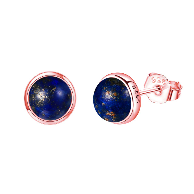 Sterling Silver with Rose Gold Plated Lapis Lazuli Round Stud Earrings-1