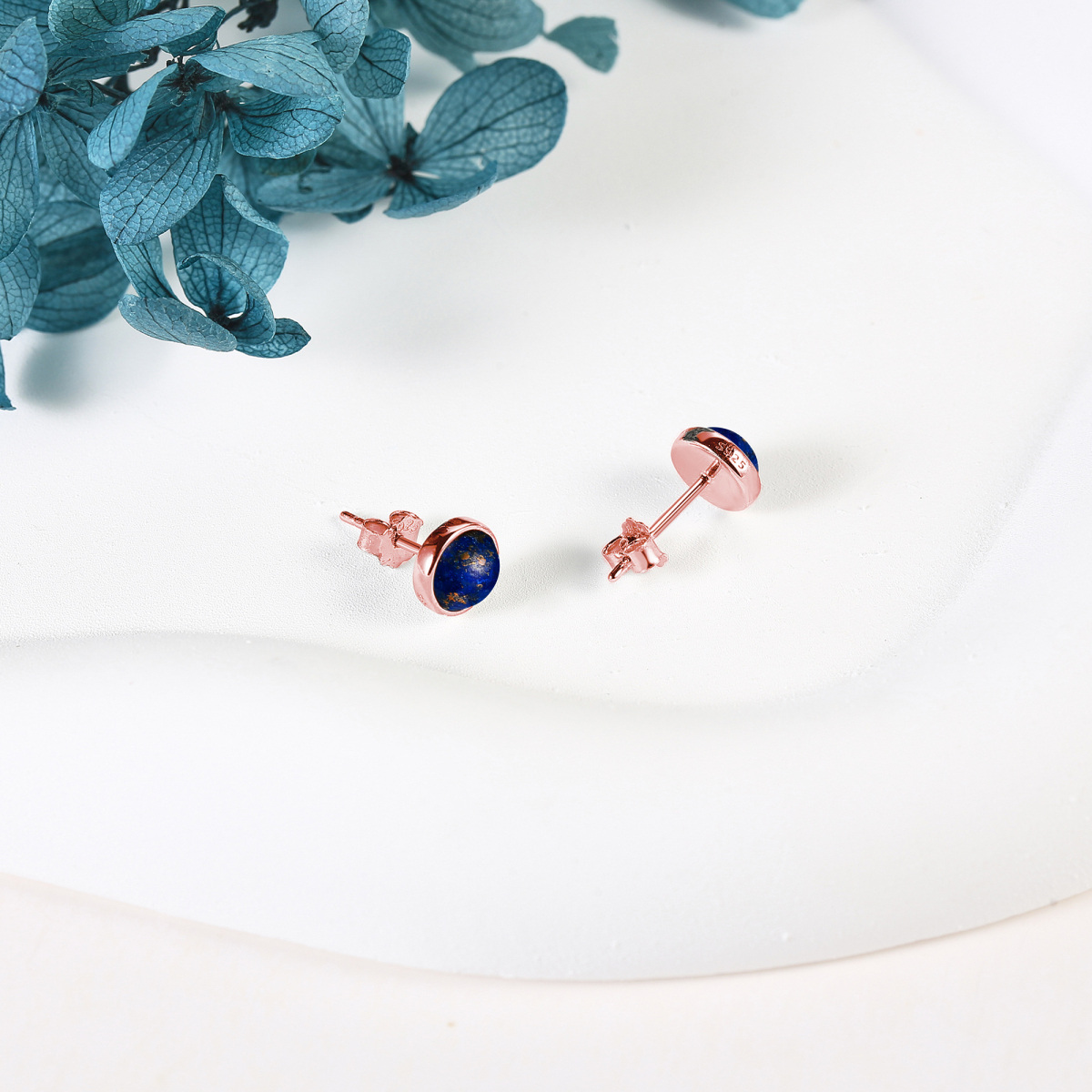 Sterling Silver with Rose Gold Plated Lapis Lazuli Round Stud Earrings-4