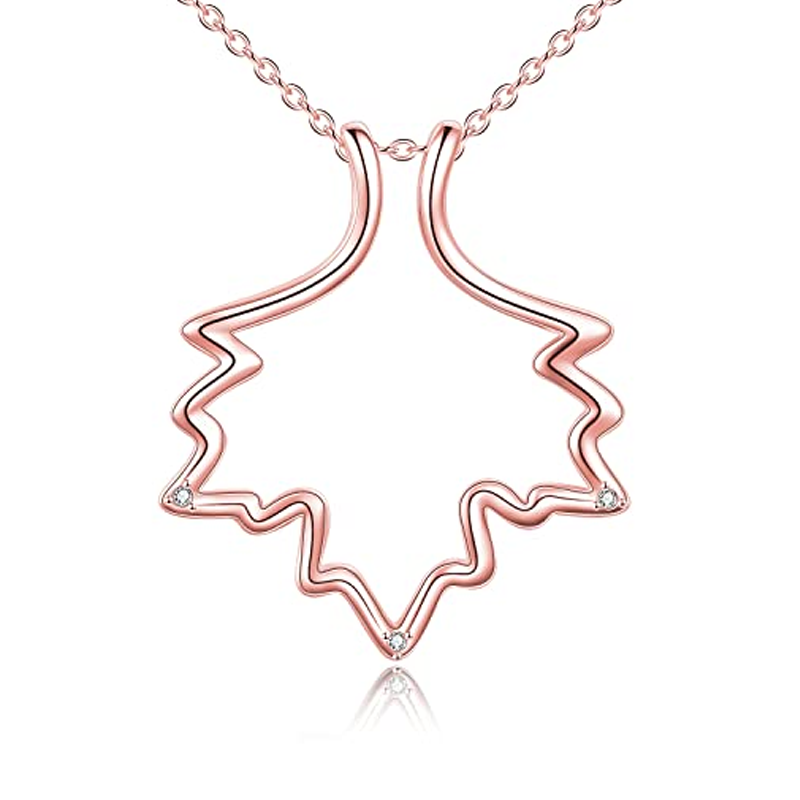 Sterling Silver with Rose Gold Plated Cubic Zirconia Maple Leaf & Ring Holder Pendant Necklace-1