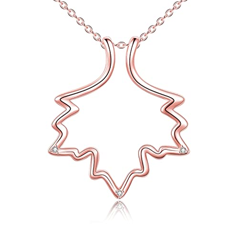 Sterling Silver with Rose Gold Plated Cubic Zirconia Maple Leaf & Ring Holder Pendant Necklace-19
