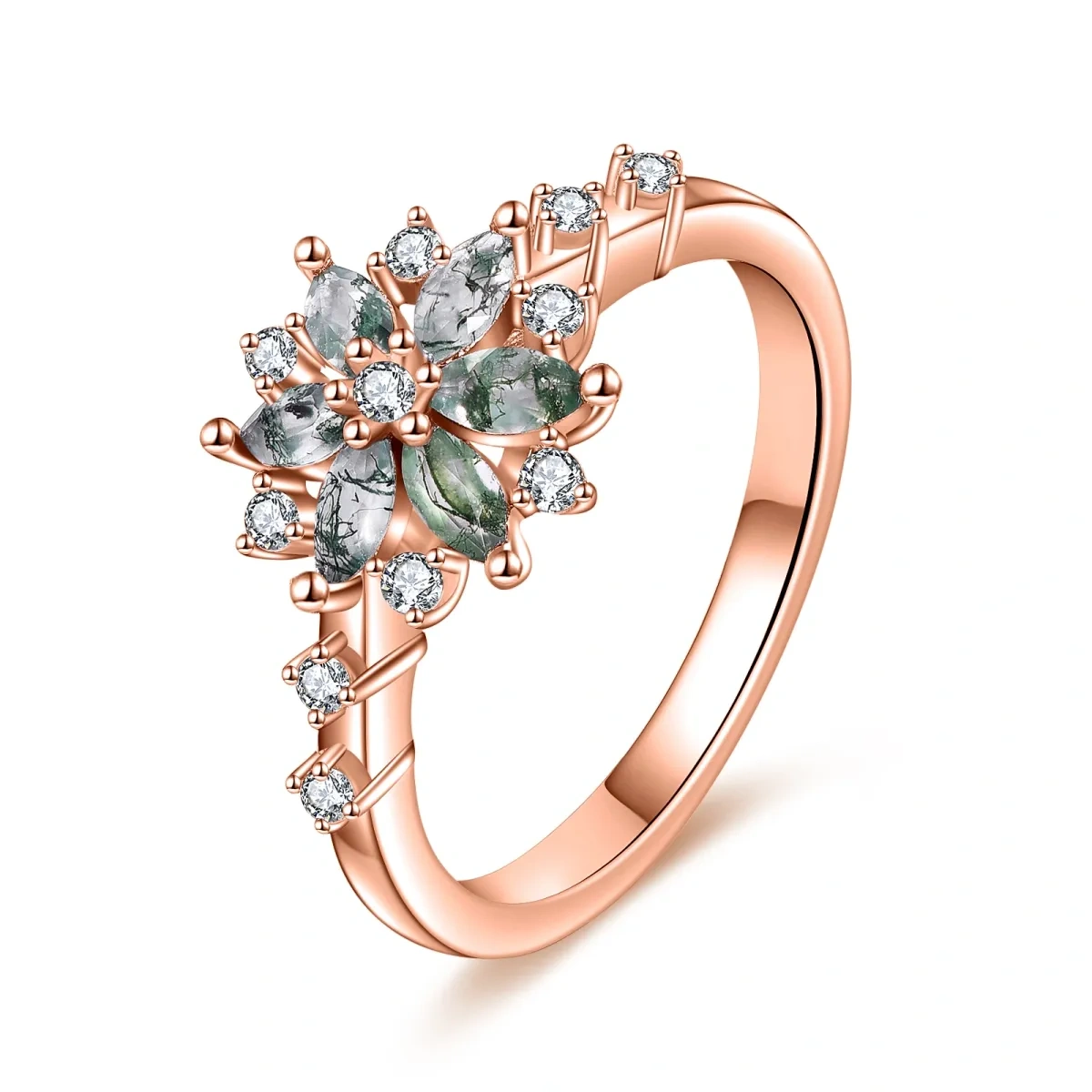 Sterling Silver with Rose Gold Plated Marquise Shaped Moss Agate Couple Engagement Ring-1