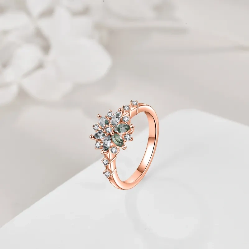 Bague de fiançailles pour couple en argent sterling plaqué or rose avec agate mousse en forme de marquise-3