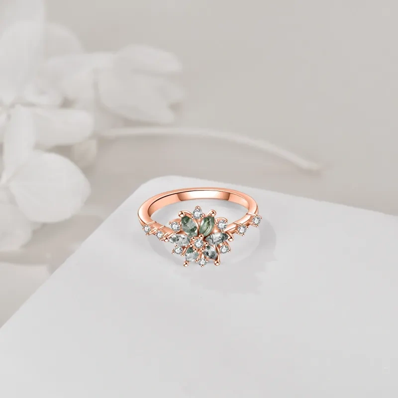 Bague de fiançailles pour couple en argent sterling plaqué or rose avec agate mousse en forme de marquise-4