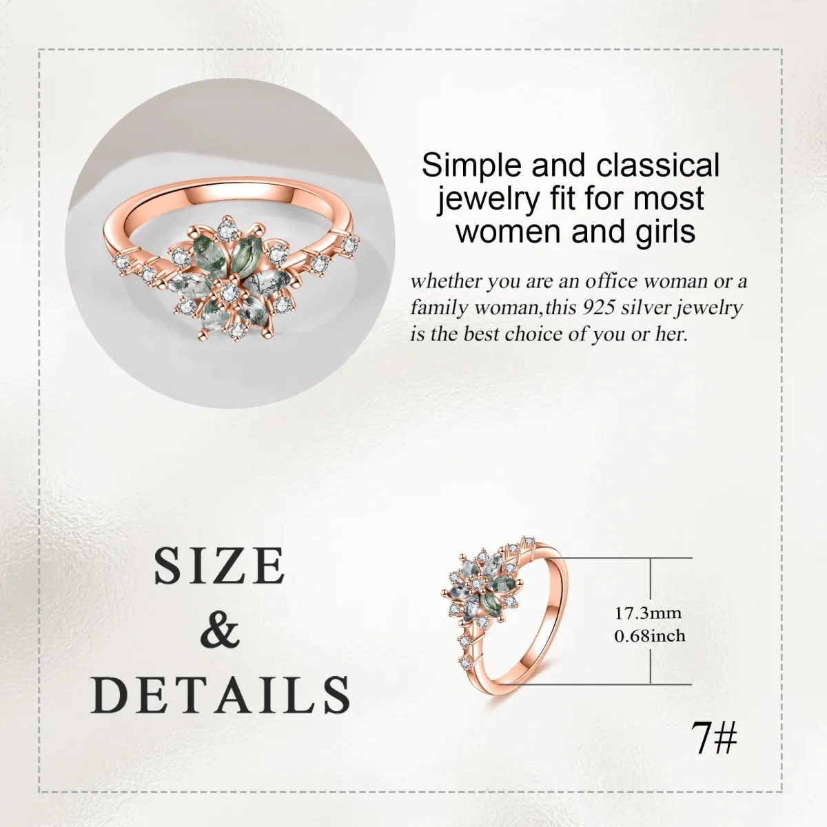 Sterling Silver with Rose Gold Plated Marquise Shaped Moss Agate Couple Engagement Ring-5